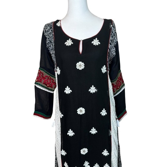 Asopalav Indian Salwar Kameez Black Red White XL Embroidered Lace Sheer Sleeves - Picture 2 of 15